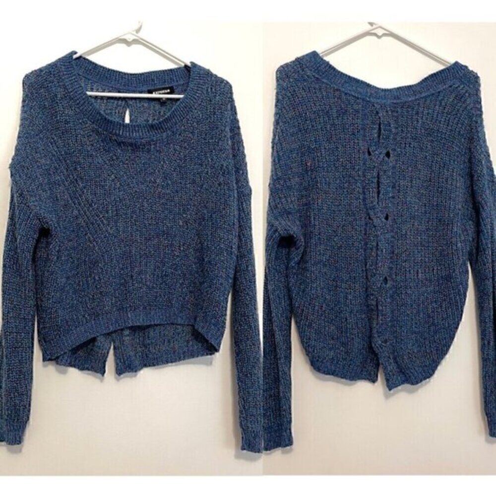 Express Cable Knit Split Back Pullover Sweater Bl… - image 2
